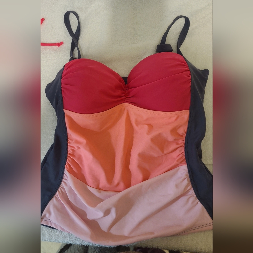 Color Block Tankini Set w/Swim Skirt Pink&Gray Size S - Picture 2 of 16